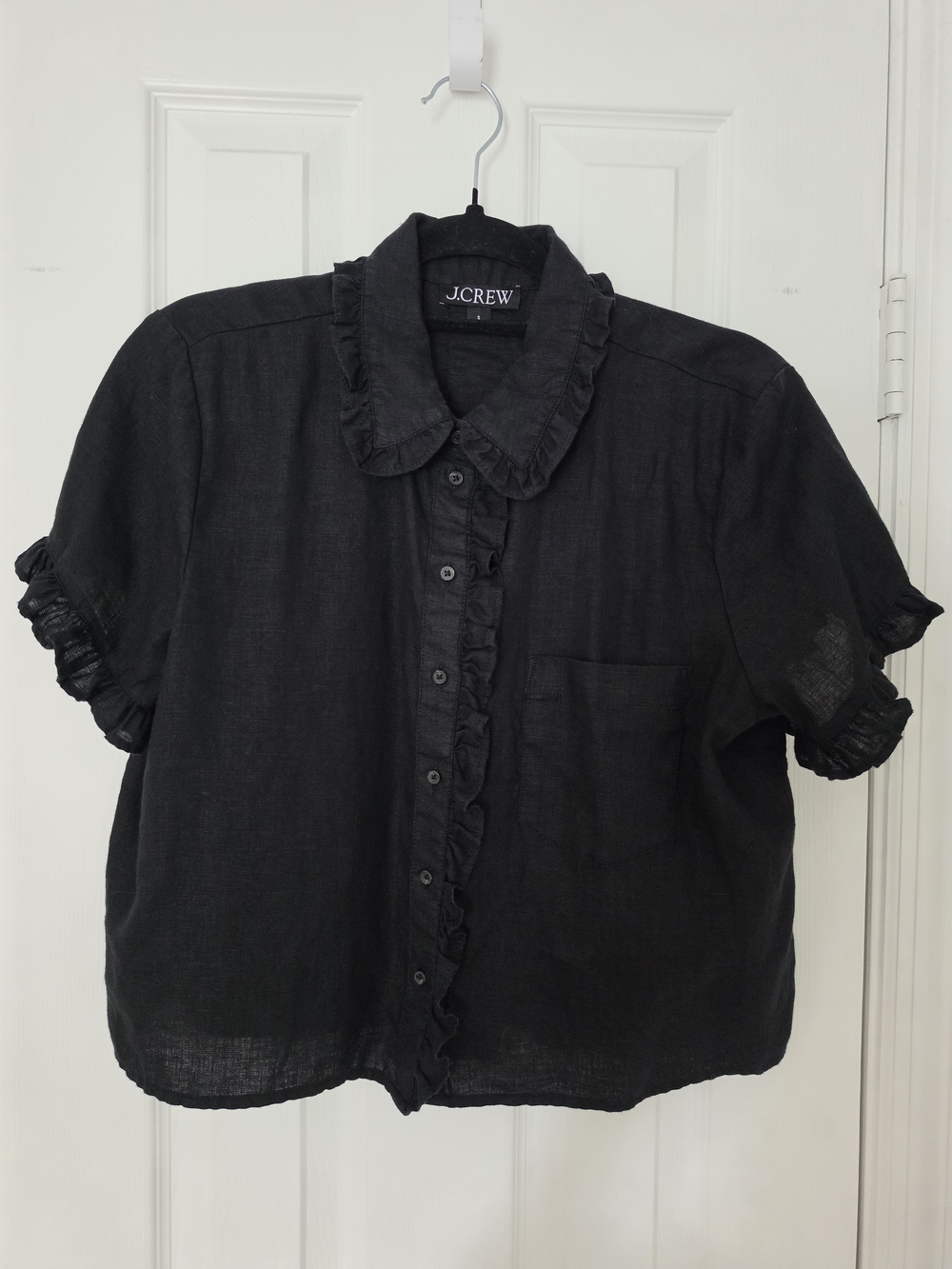 J. Crew Black Ruffle-Trim Short Sleeve Button-Down Shirt